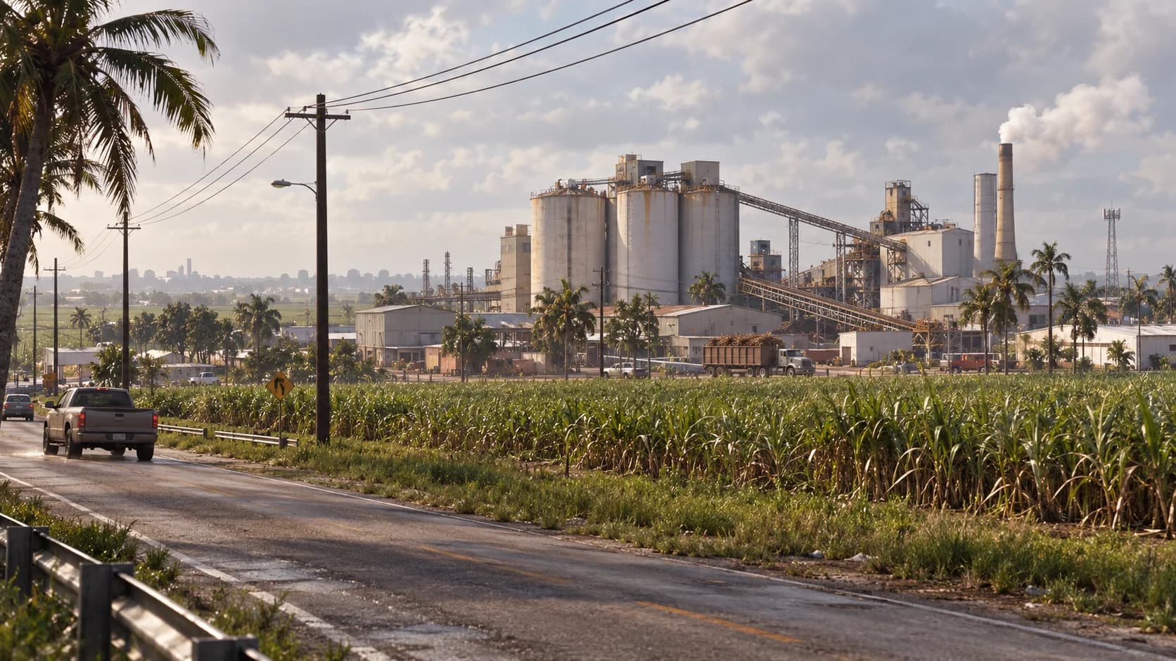 A sugar mill and cane fields beside a South Florida road. AI-generated editorial illustration inspired by GTA VI graphics; not an official game screenshot.