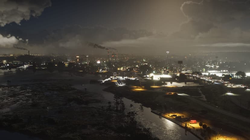 GTA VI: official Rockstar screenshot of the Ambrosia skyline at night with smokestacks in the distance.