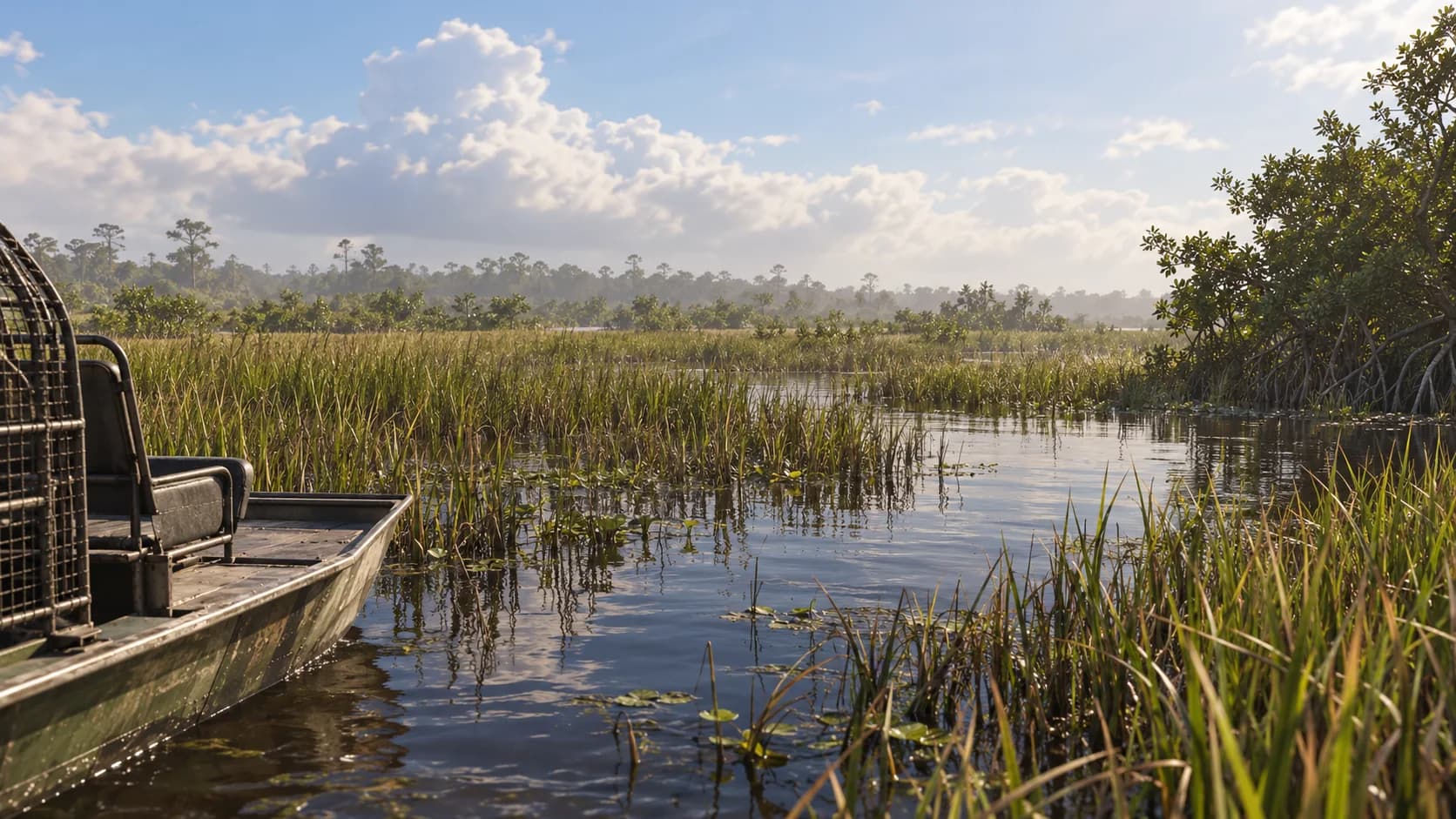 An empty airboat beside a broad Florida sawgrass wetland. AI-generated editorial illustration inspired by GTA VI graphics; not an official game screenshot.