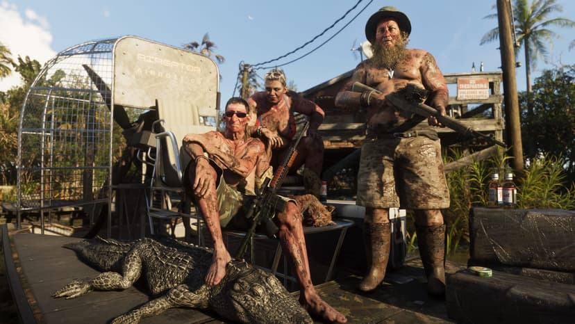 GTA VI: official Rockstar screenshot of three mud-covered hunters on an airboat in Grassrivers with a dead alligator.