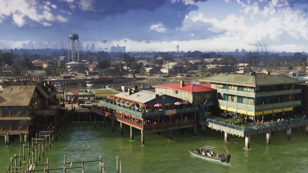 GTA VI: official Rockstar screenshot of a speedboat heading toward buildings on piers in Grassrivers, with the Vice City skyline behind.