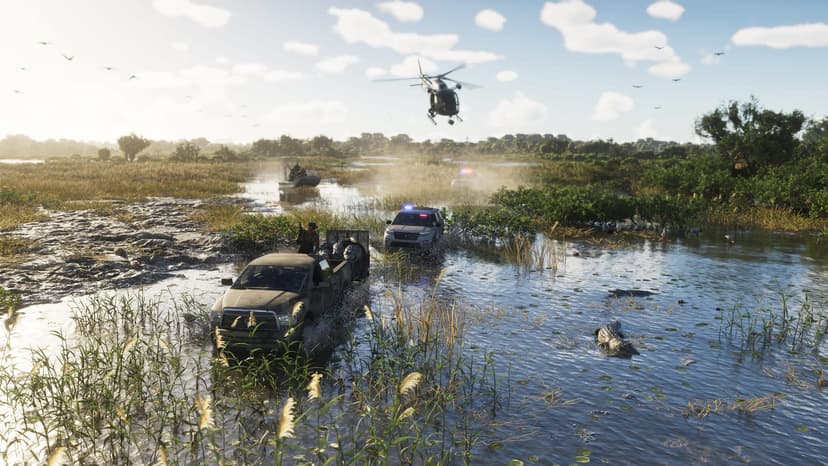 GTA VI: official Rockstar screenshot of police cars and a helicopter chasing a pickup truck through a Grassrivers swamp.
