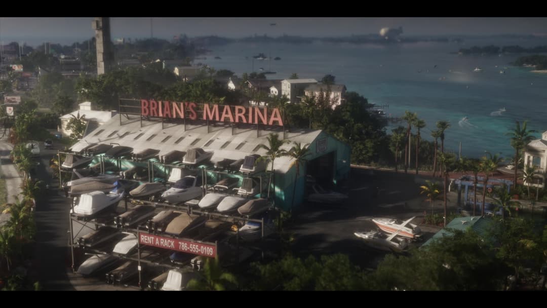 El letrero de Brian's Marina en el minuto 0:05 del tráiler de lanzamiento de GTA VI
