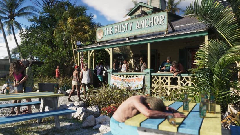 GTA VI: official Rockstar screenshot of The Rusty Anchor beach bar in the Leonida Keys.