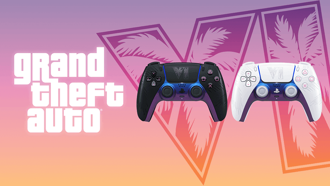 Offizielles PlayStation-Bild der schwarzen und weißen DualSense-Controller in der limitierten GTA-VI-Edition.