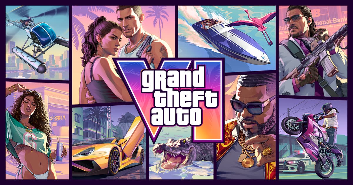 Arte promocional oficial de GTA VI da Rockstar com o Jason, a Lucia e uma colagem de cenas de Leonida.