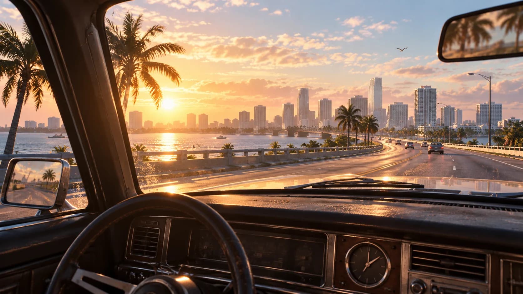 A car dashboard clock overlooking a South Florida causeway at sunrise. AI-generated editorial illustration inspired by GTA VI graphics; not an official game screenshot.