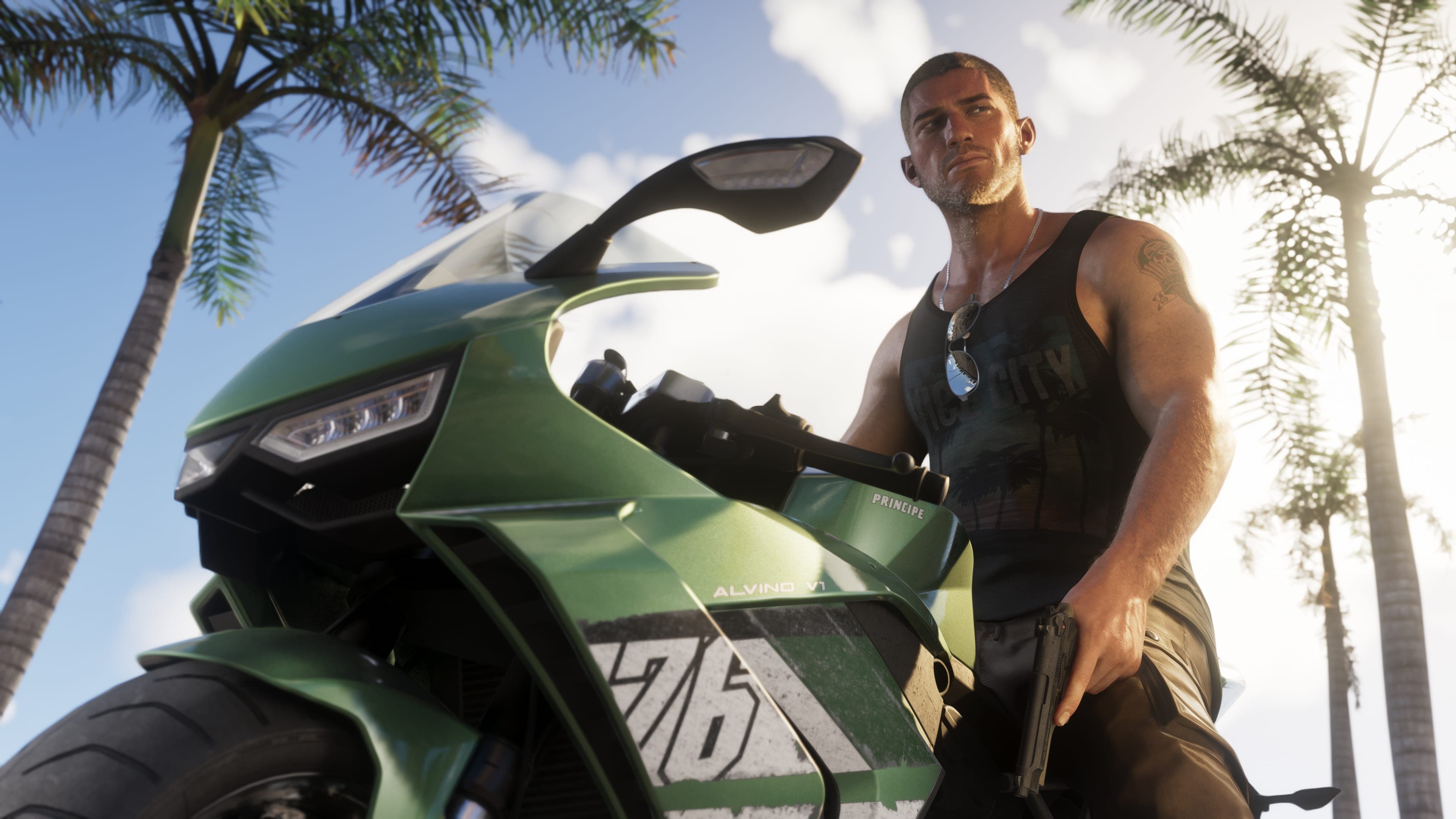 Jason Duval sits on a green sports bike under palm trees, holding a pistol