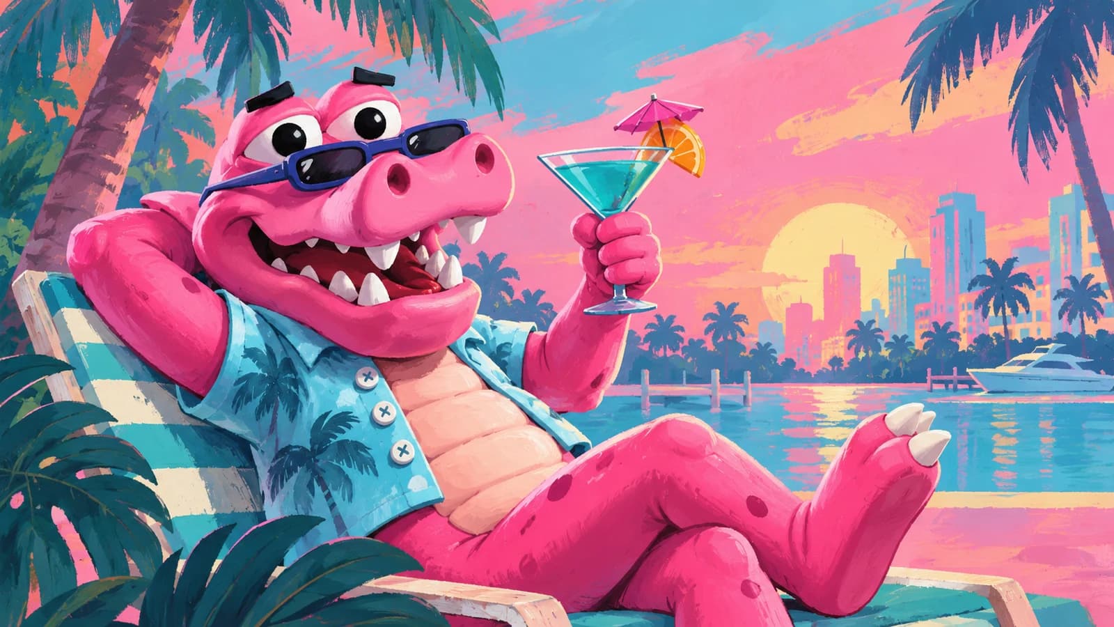 AI-generated editorial illustration: Pink cartoon alligator in sunglasses and a tropical shirt beside a waterfront. Not an official game screenshot.
