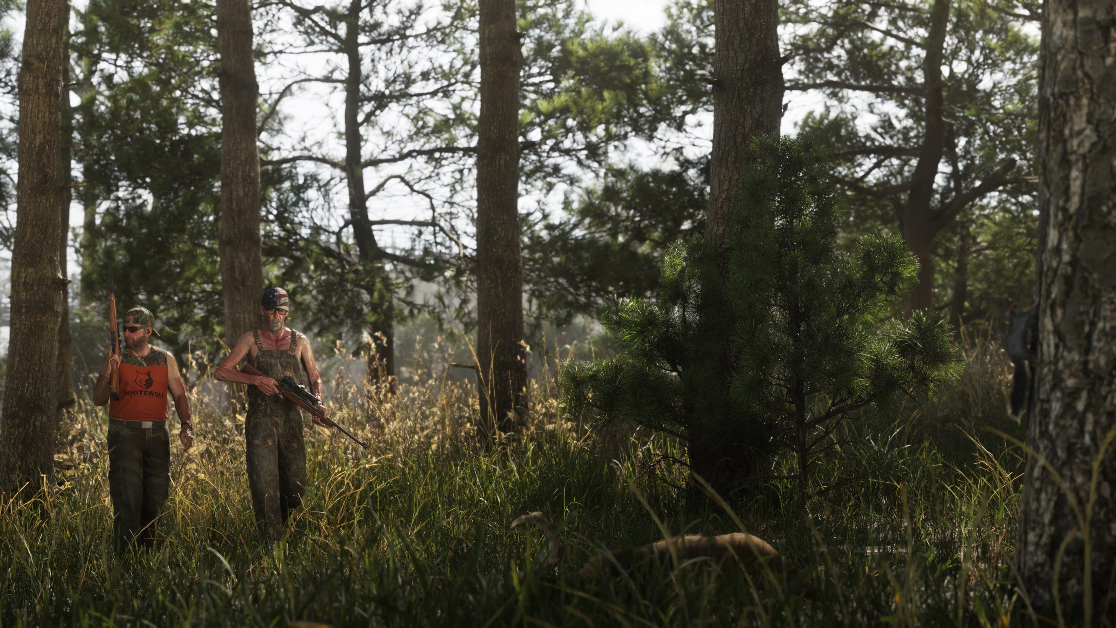 Two people carrying rifles walk side by side through tall grass in the pine woods of Mount Kalaga National Park