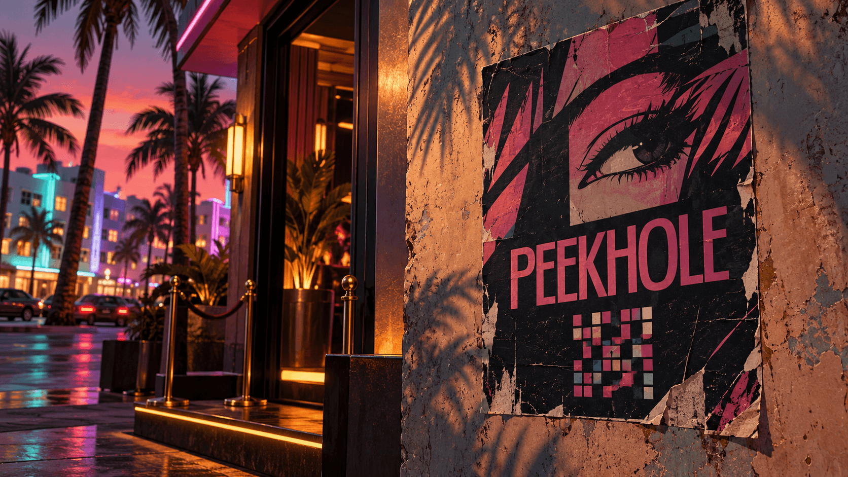 Florida’da bir kulübün yanındaki kurgusal Peekhole posterini gösteren, yapay zekâyla hazırlanmış editoryal illüstrasyon; resmi GTA VI ekran görüntüsü değildir.