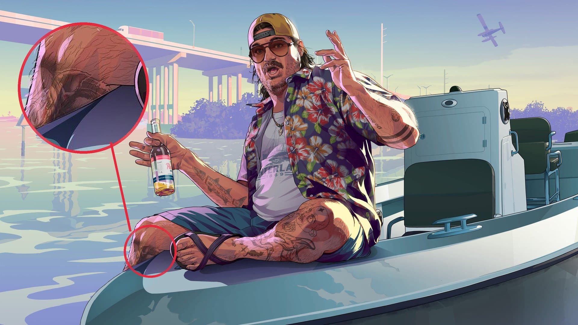 Illustration officielle de Rockstar montrant Cal Hampton assis sur un bateau, avec le tatouage de son genou droit entouré et agrandi