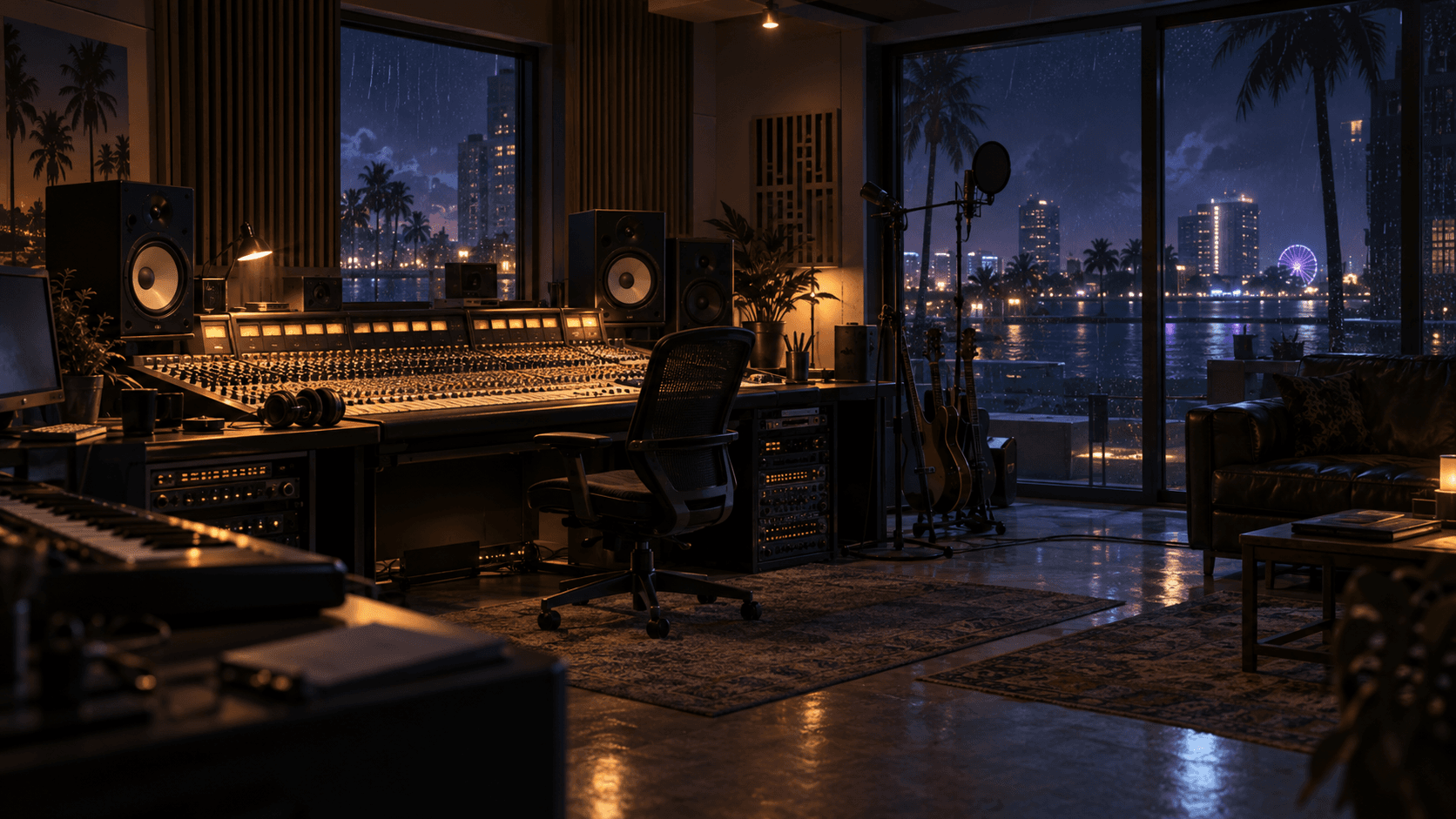 AI editorial illustration of a late-night music studio for the RHYNO entry; not official single artwork or a confirmed in-game scene.