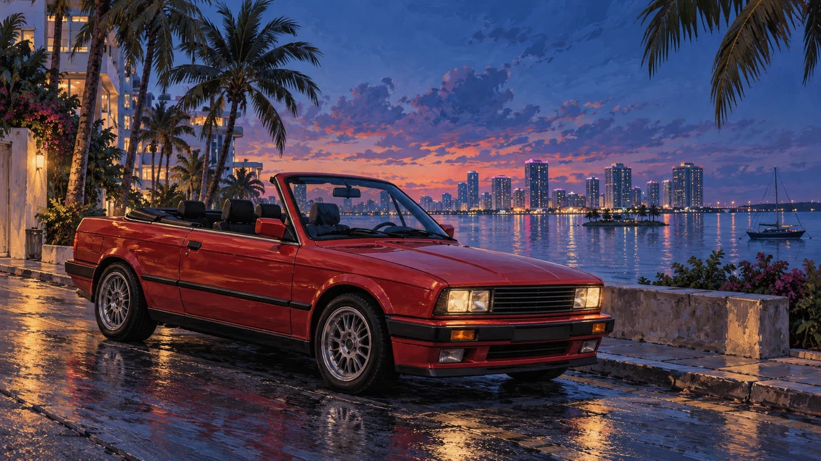 AI-generated editorial illustration: A red classic convertible on a palm-lined coastal street. Not an official game screenshot.