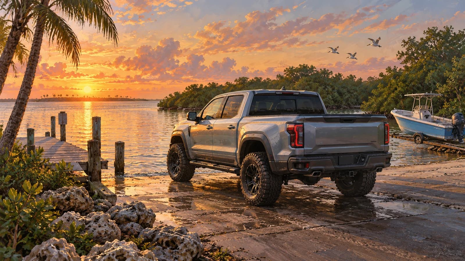 AI-generated editorial illustration: A silver off-road pickup beside a Florida-style boat ramp. Not an official game screenshot.