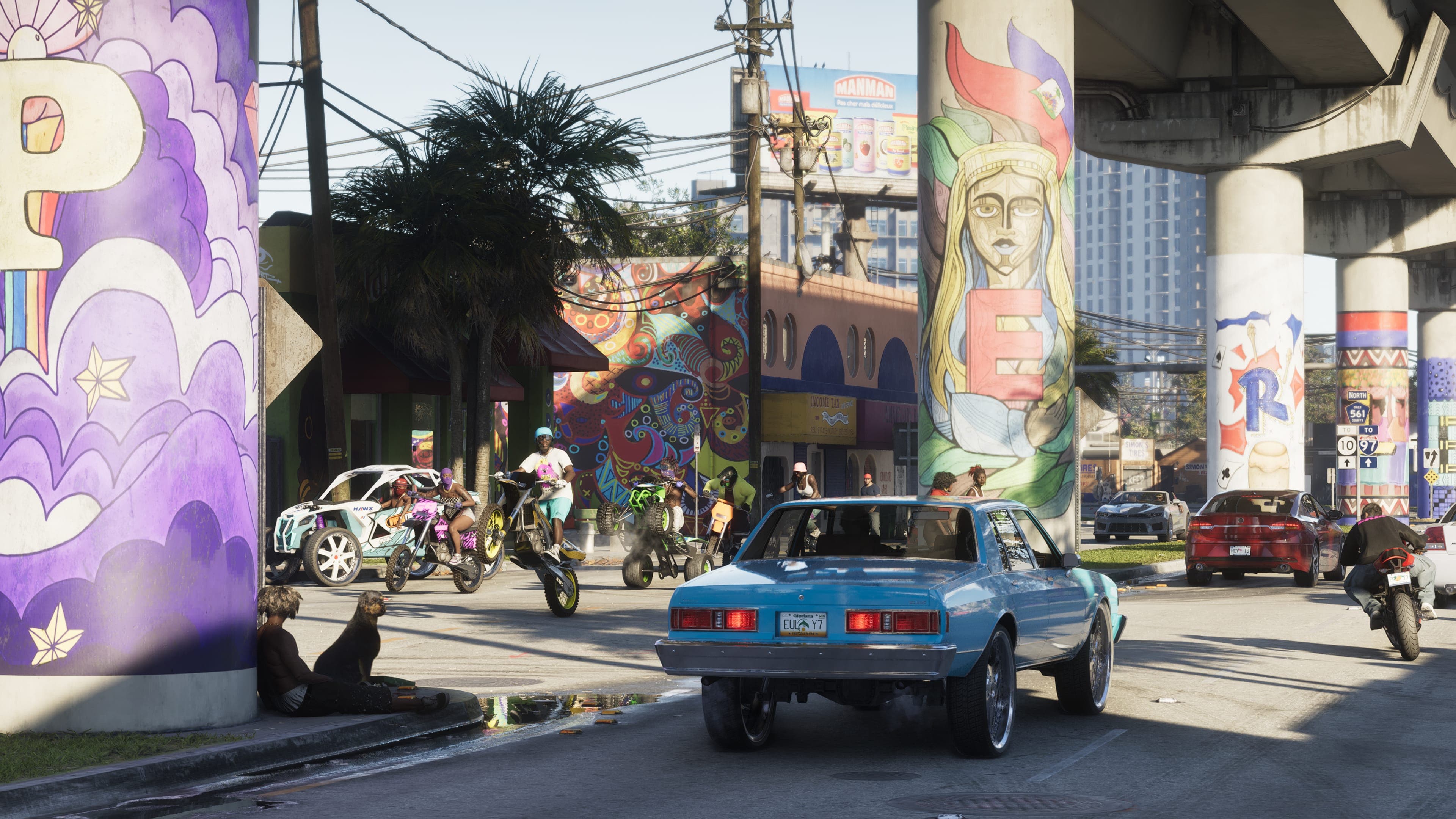 Offizieller GTA-VI-Screenshot einer Straße in Vice City als Illustration. Spielgrafik, kein Foto der Marketingkampagne in Miami.