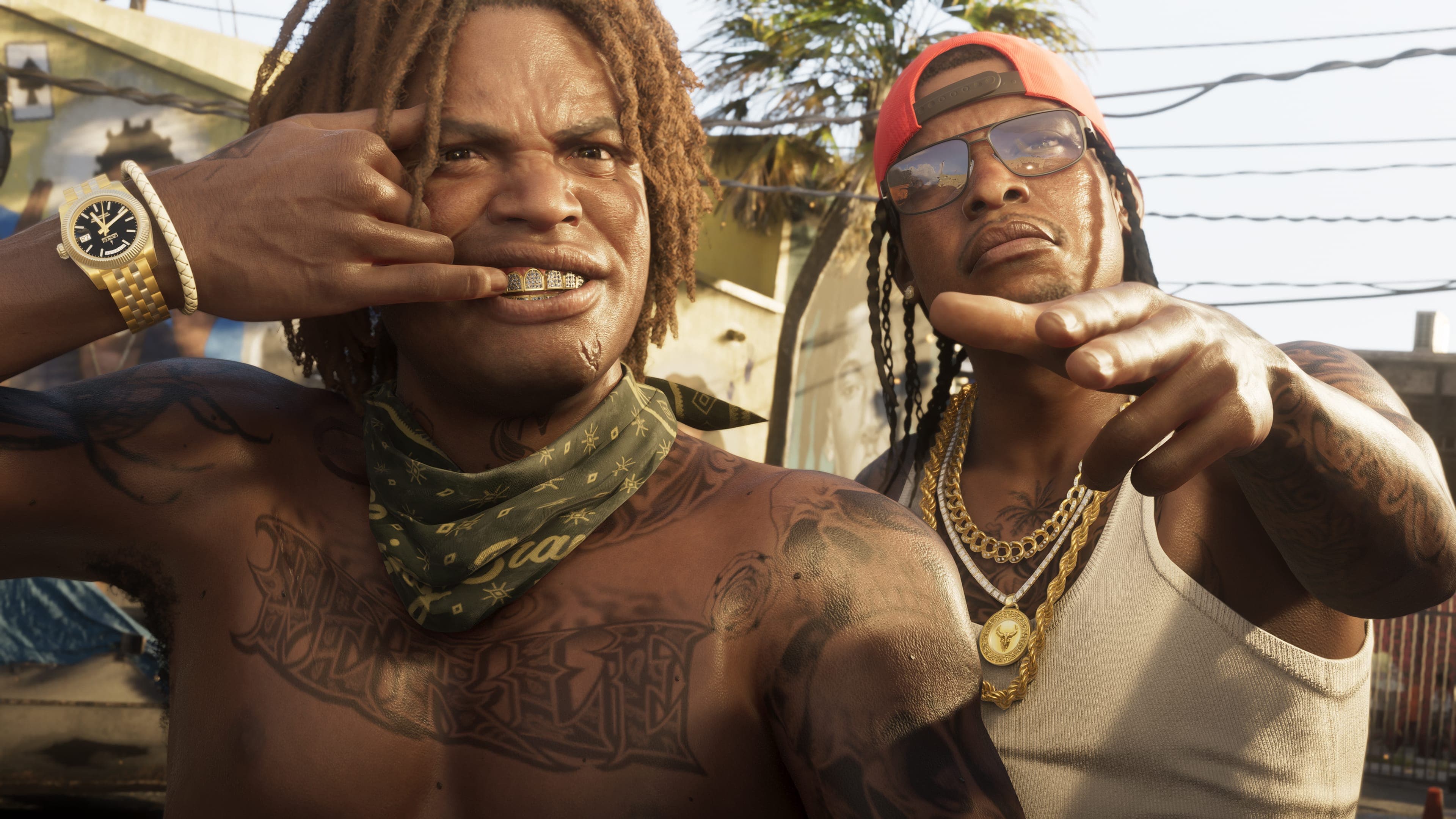Two men on a Vice City street, one pulling back his lip to show a gold grill, the other in a red cap and sunglasses pointing two fingers forward