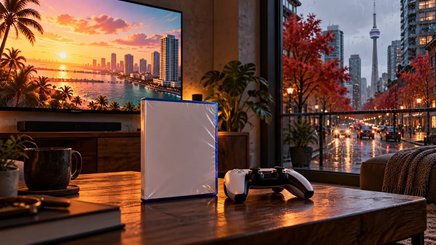A blank game case and controller in a rainy Toronto apartment. AI-generated editorial illustration inspired by GTA VI graphics; not an official game screenshot.