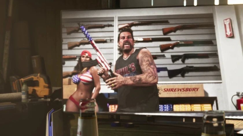 Televisor con el anuncio de la tienda Ammu-Nation en el Tráiler 2 oficial
