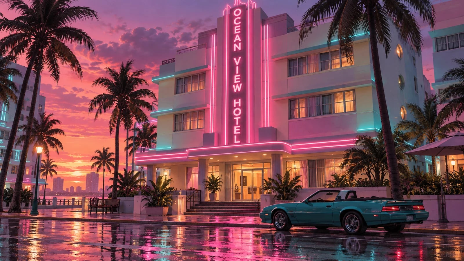 Ilustración editorial generada con IA del Ocean View Hotel al anochecer; no es una captura oficial de GTA VI