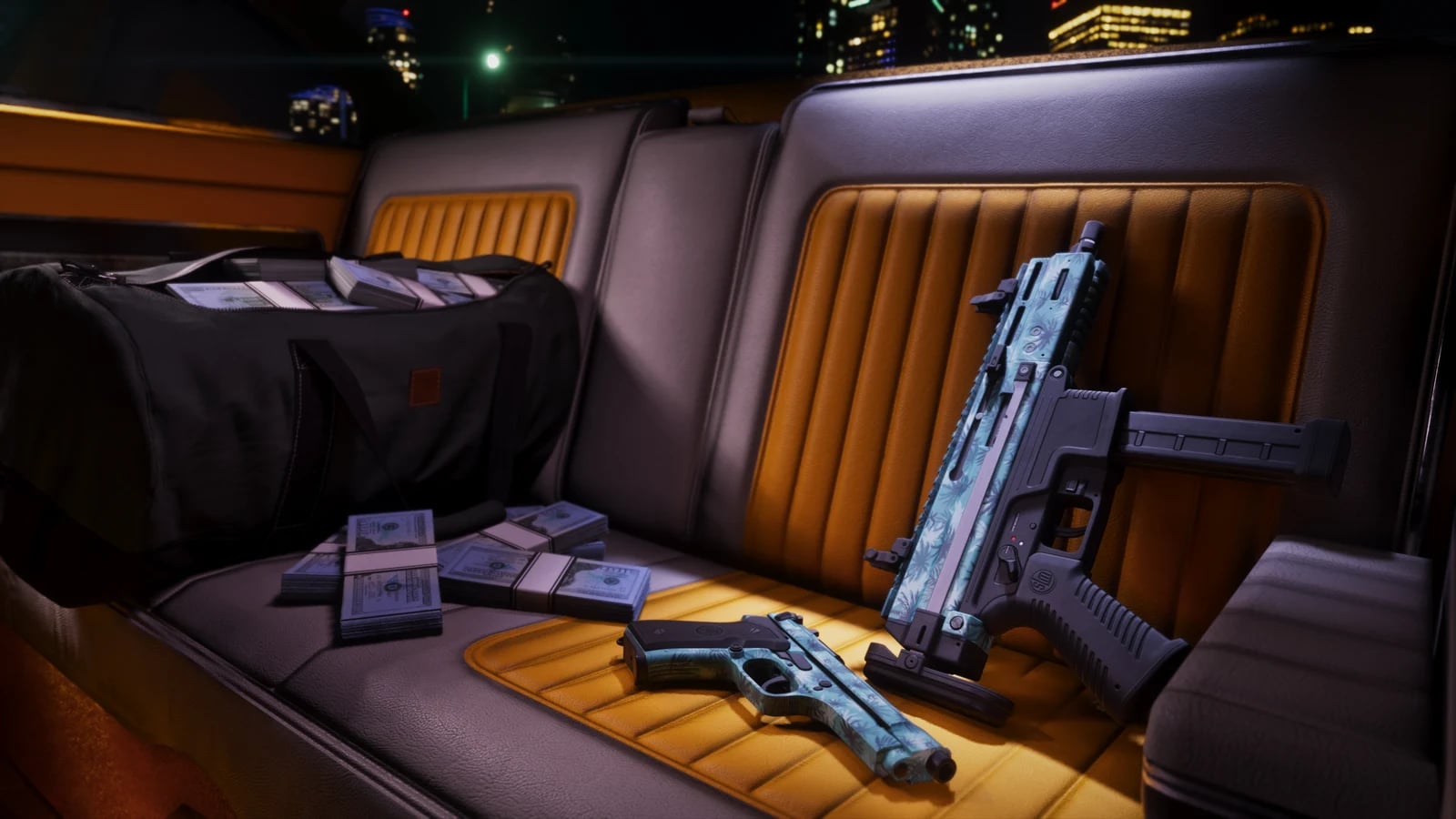 Patrón de arma oficial Vintage Vice City aplicado a una pistola y una escopeta