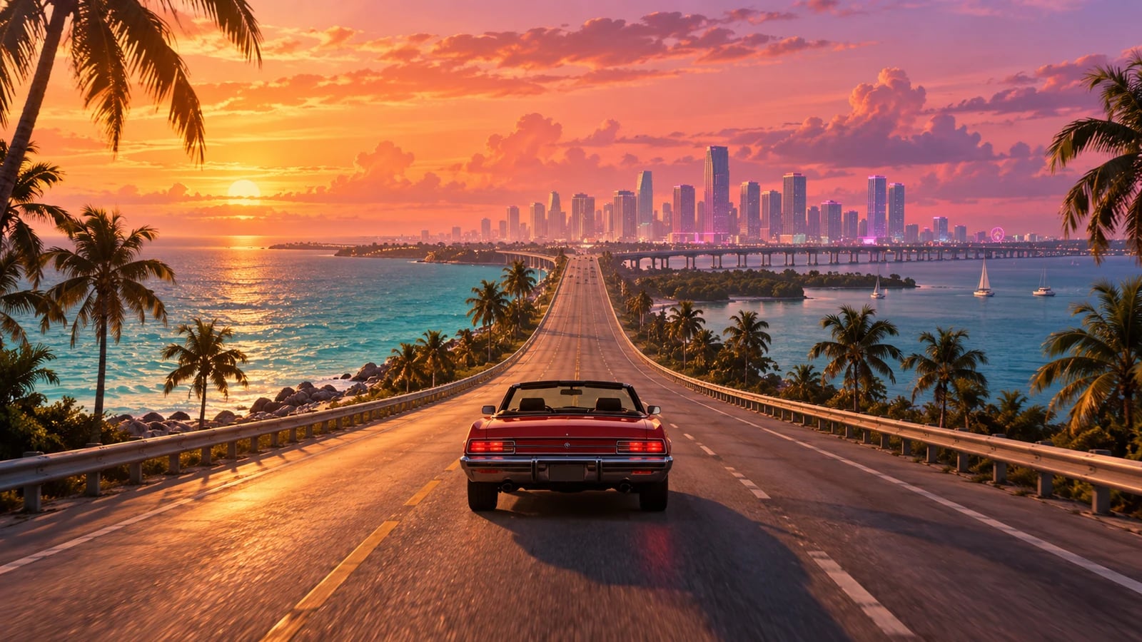 Ilustración editorial generada con IA de una larga carretera costera al atardecer; no es una captura oficial de GTA VI