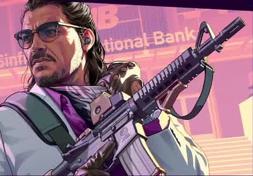 Raúl Bautista con saco claro y camisa morada, recorte de la portada oficial de GTA VI