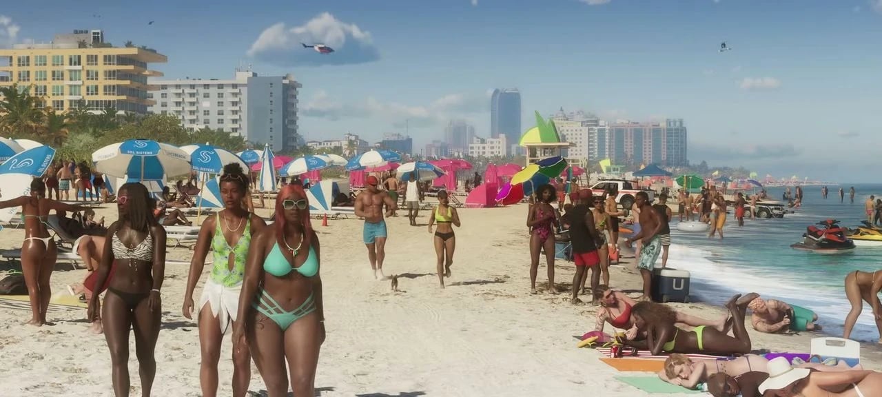 Playa concurrida de Vice City con hoteles pastel en el Tráiler 1 oficial