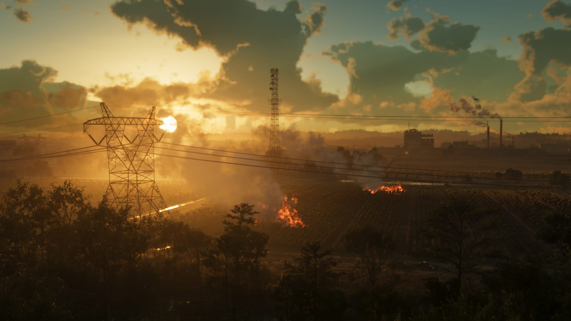 Official GTA VI screenshot of a crop field burning at sunset in Ambrosia.