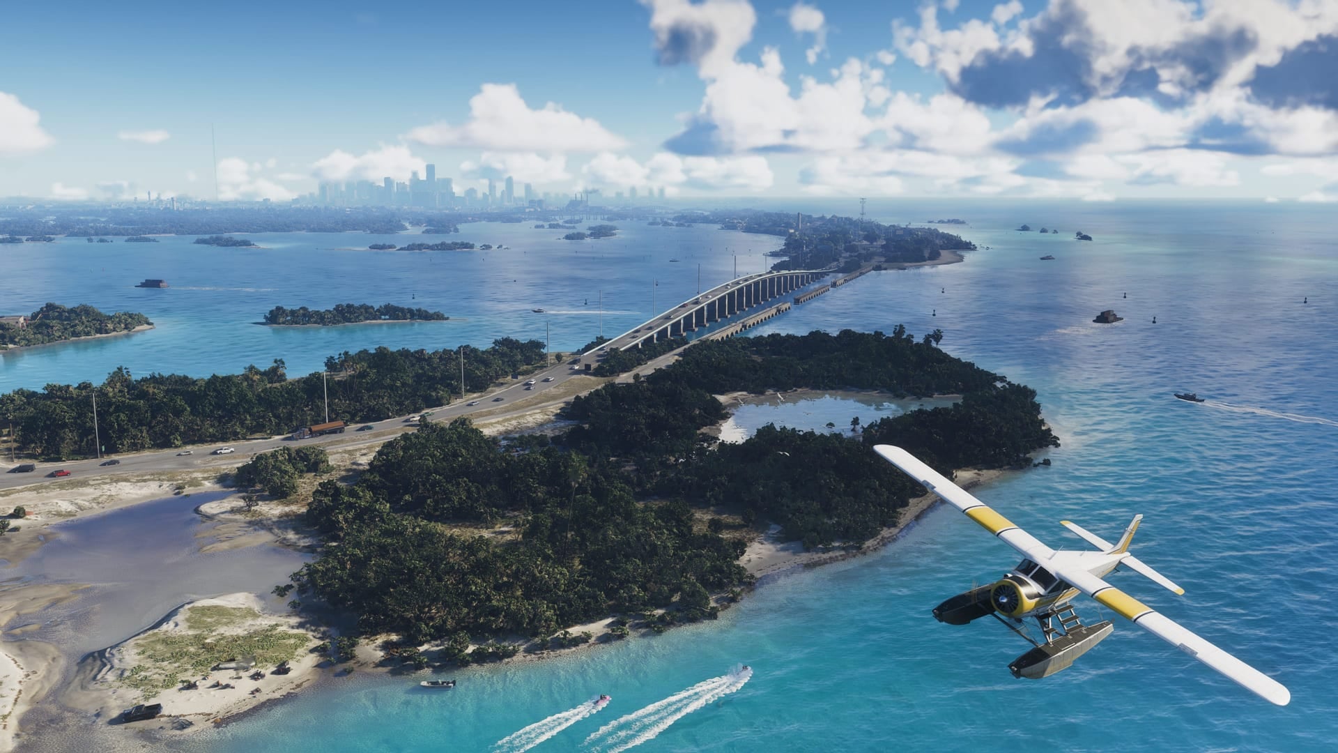 Official GTA VI screenshot of a seaplane flying over the Leonida Keys, with a bridge linking two islands.