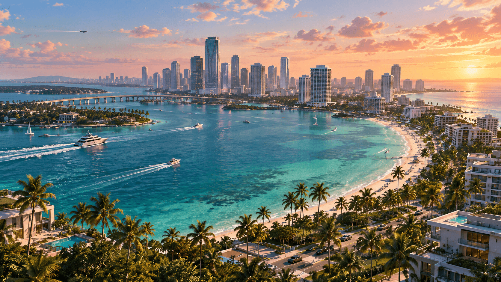 Bright aerial view of a Vice City bay with turquoise water, palm-lined beaches and a modern skyline at sunset