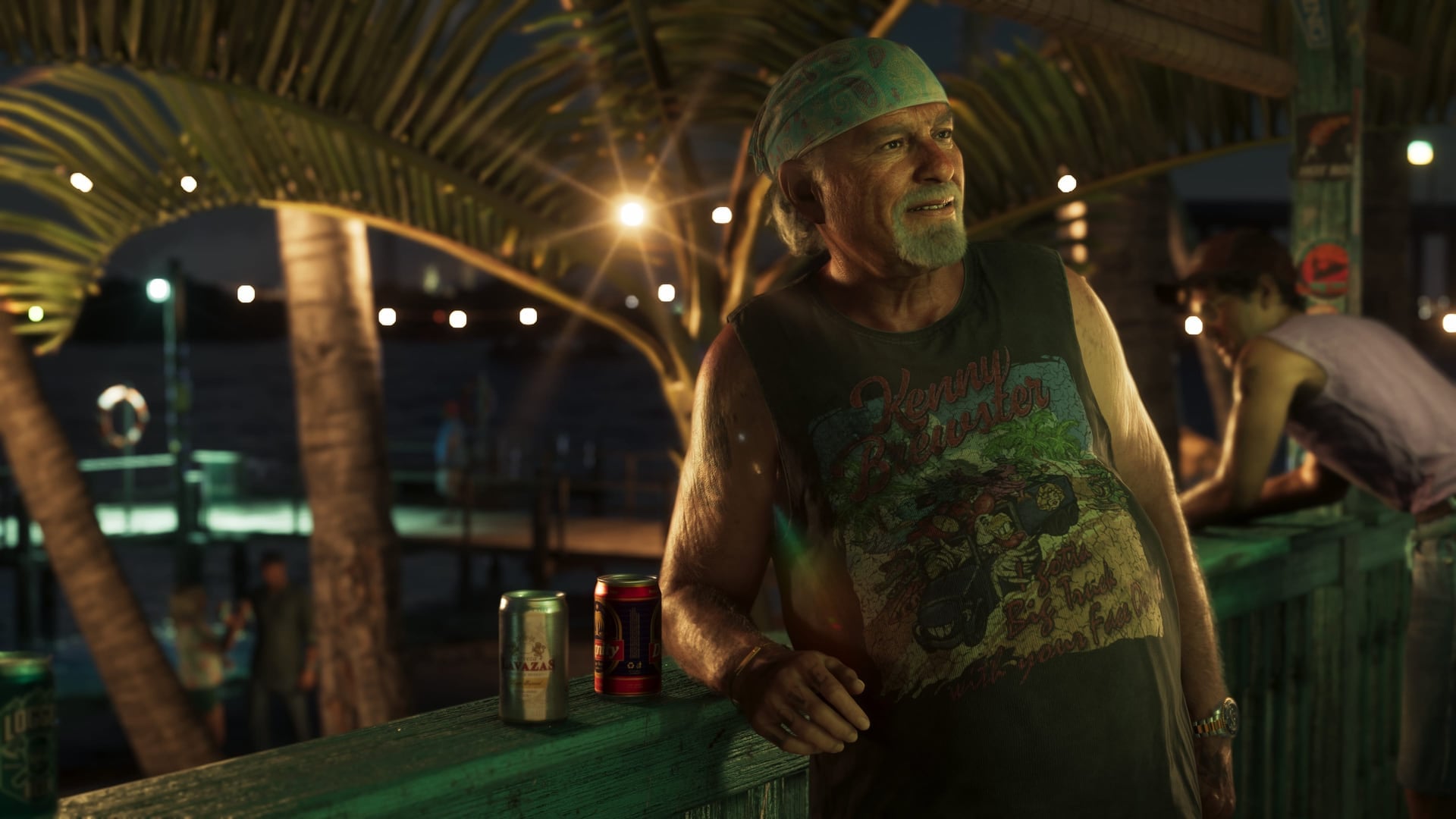O Brian Heder num bar ao ar livre à noite, da sua galeria oficial publicada pela Rockstar.