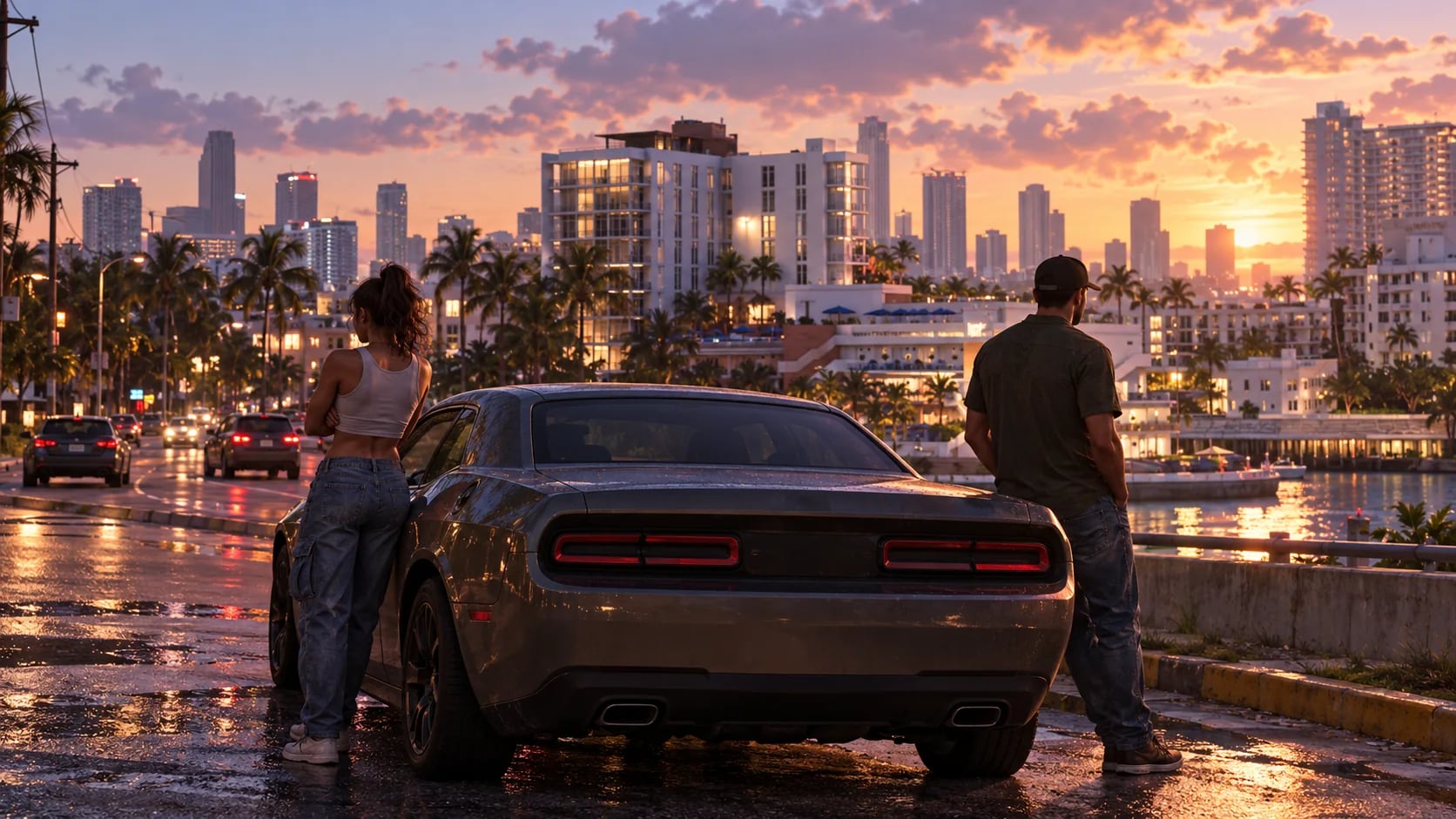Two anonymous people beside a car on a South Florida street at dusk. AI-generated editorial illustration inspired by GTA VI graphics; not an official game screenshot.