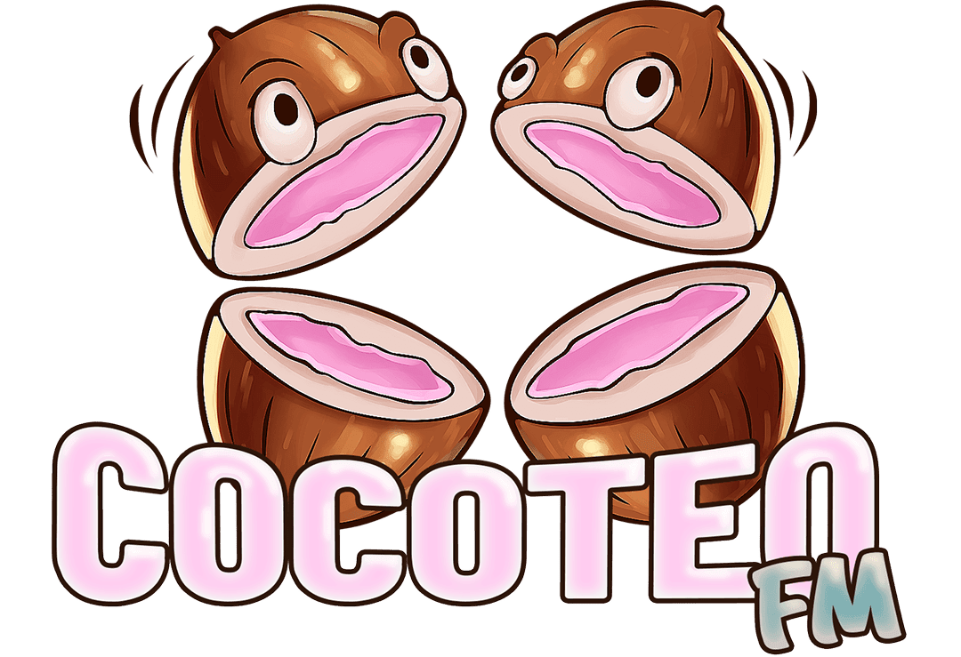 Logotipo oficial de Cocoteo FM de Rockstar con cocos partidos y letras de la estación.