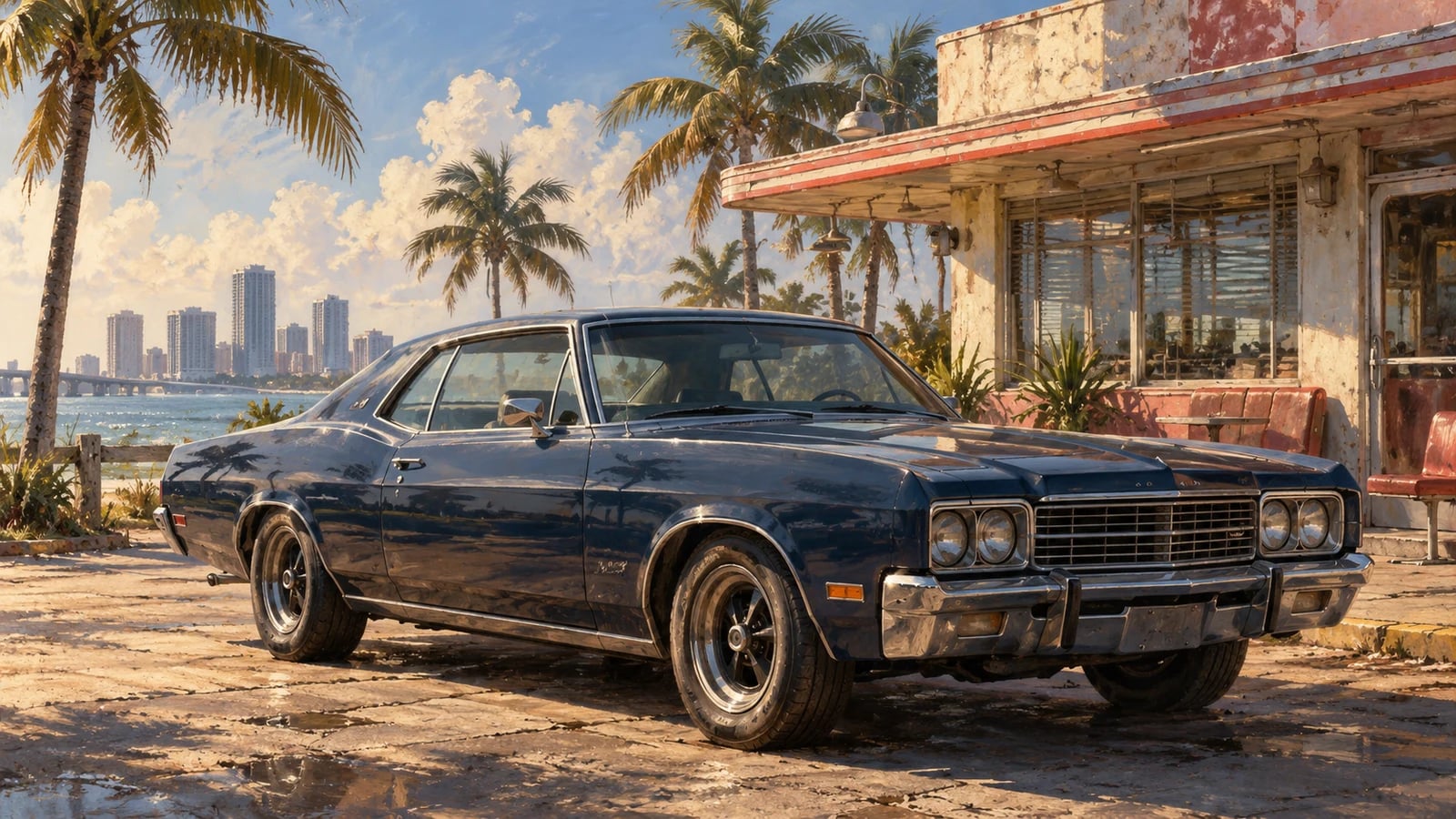 AI-generated editorial illustration: A dark blue classic muscle coupe outside a Florida-style diner. Not an official game screenshot.