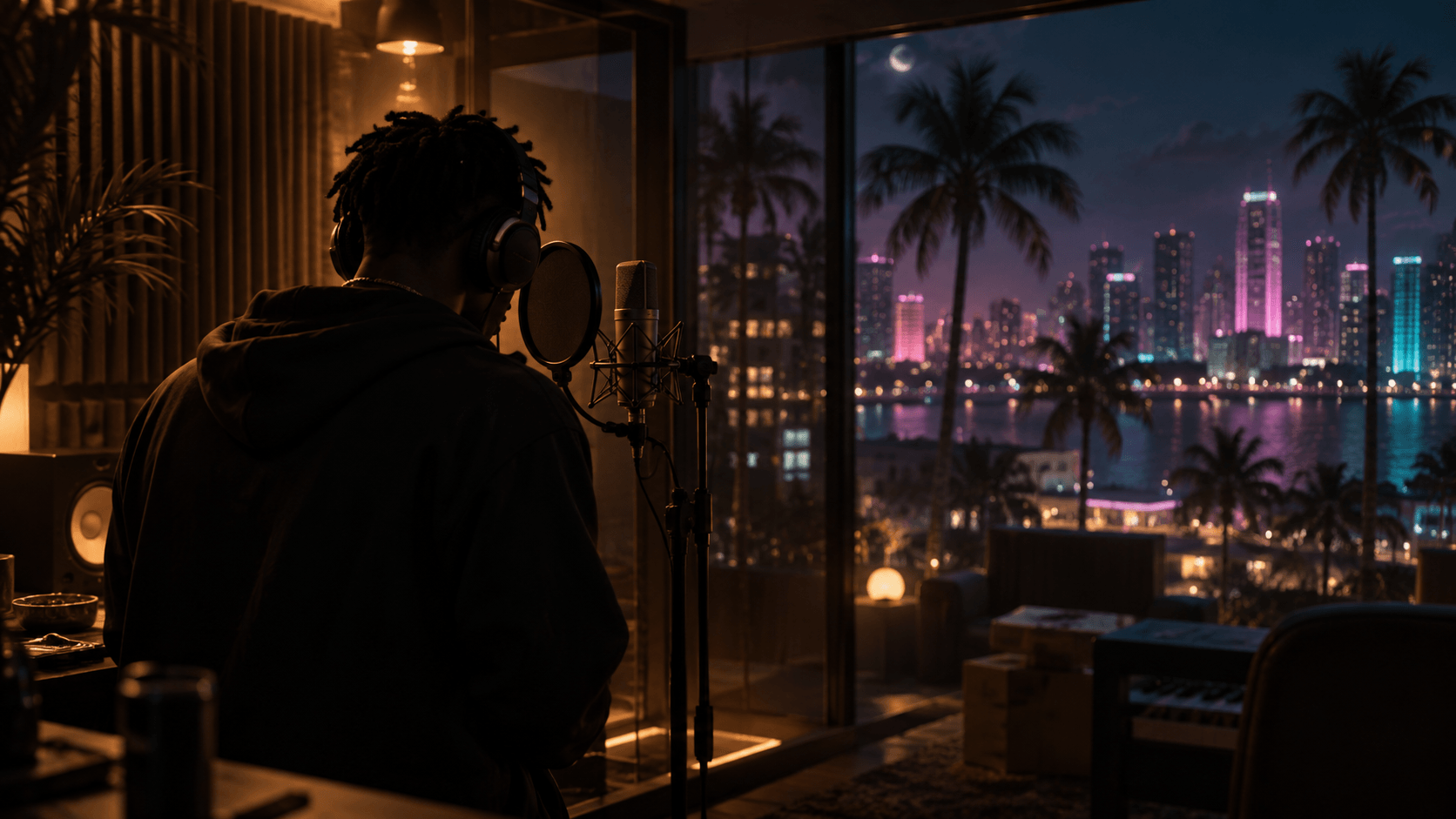 Ilustração editorial gerada por IA de uma pessoa anônima gravando rap em um estúdio de Vice City; sem intenção de representar a aparência de DWNPLY; não é uma captura de tela oficial.