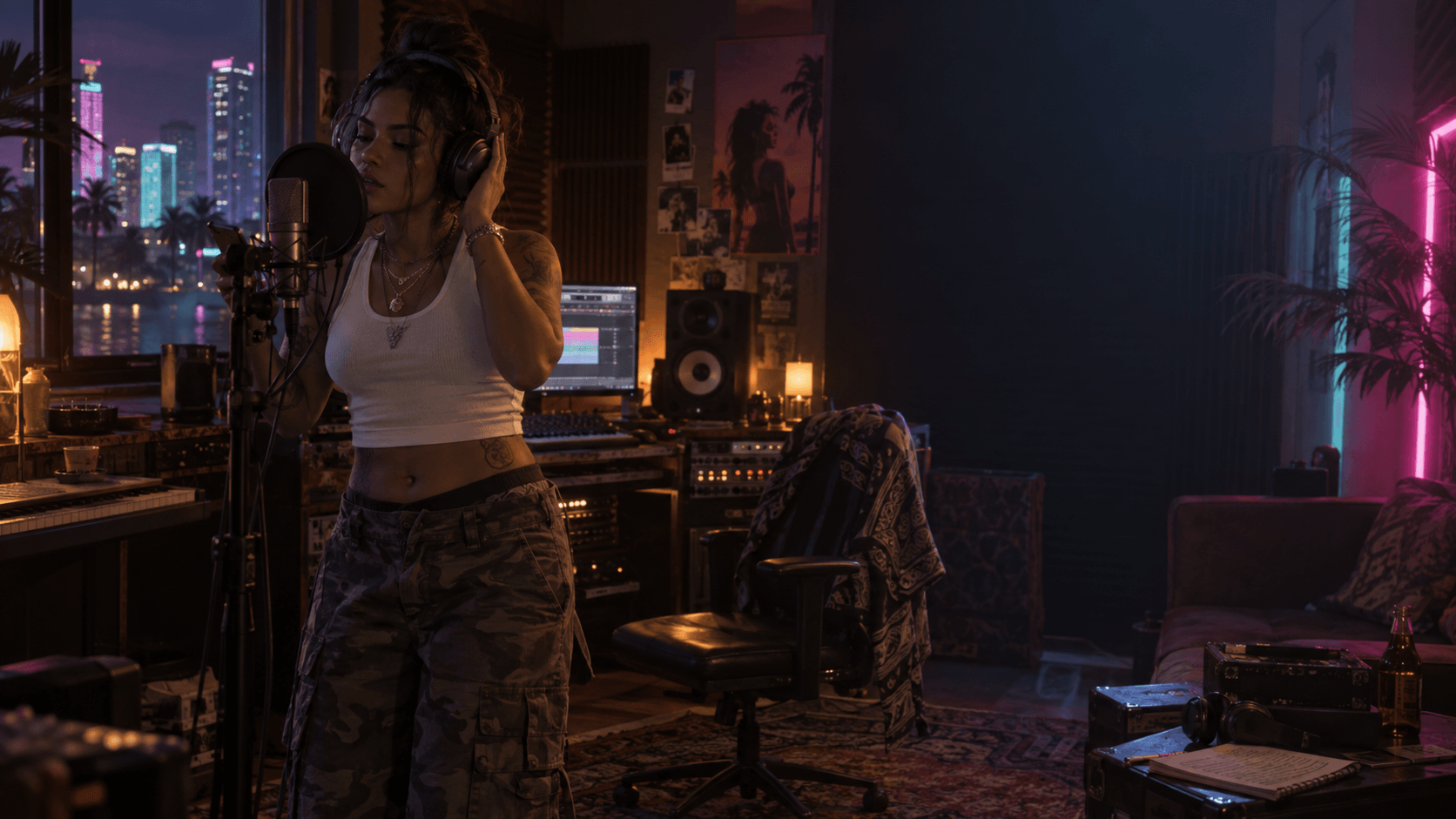 Imagen editorial de un estudio musical para Bae-Luxe con aspecto de motor de juego; no es una captura oficial de Rockstar.
