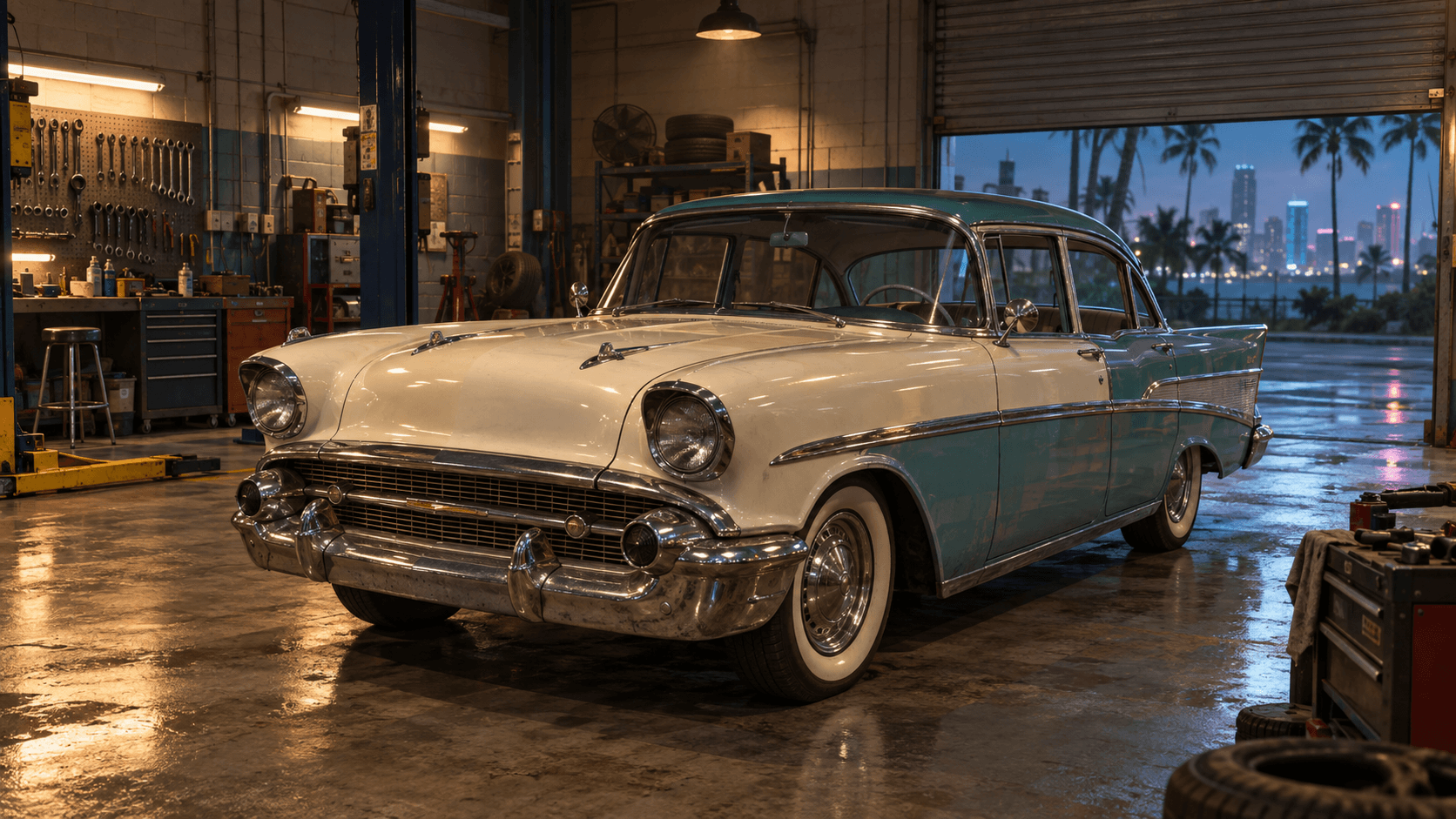 Editorial in-engine-style classic-car garage visual for Wyman's commission; not an official Rockstar screenshot.