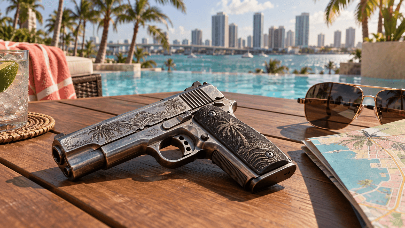 Editorial in-engine-style visual of a personalized tropical pistol for the Klose K17 entry; not an official Rockstar screenshot.