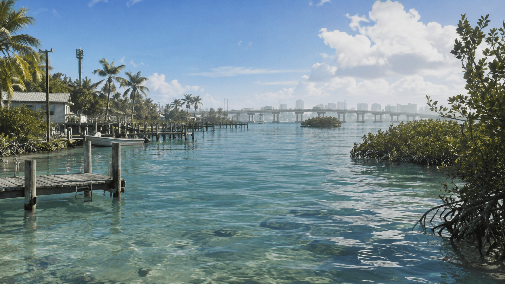 Editorial in-engine-style coastal Vice City visual used as context for Shore Drive; not an official Rockstar screenshot.