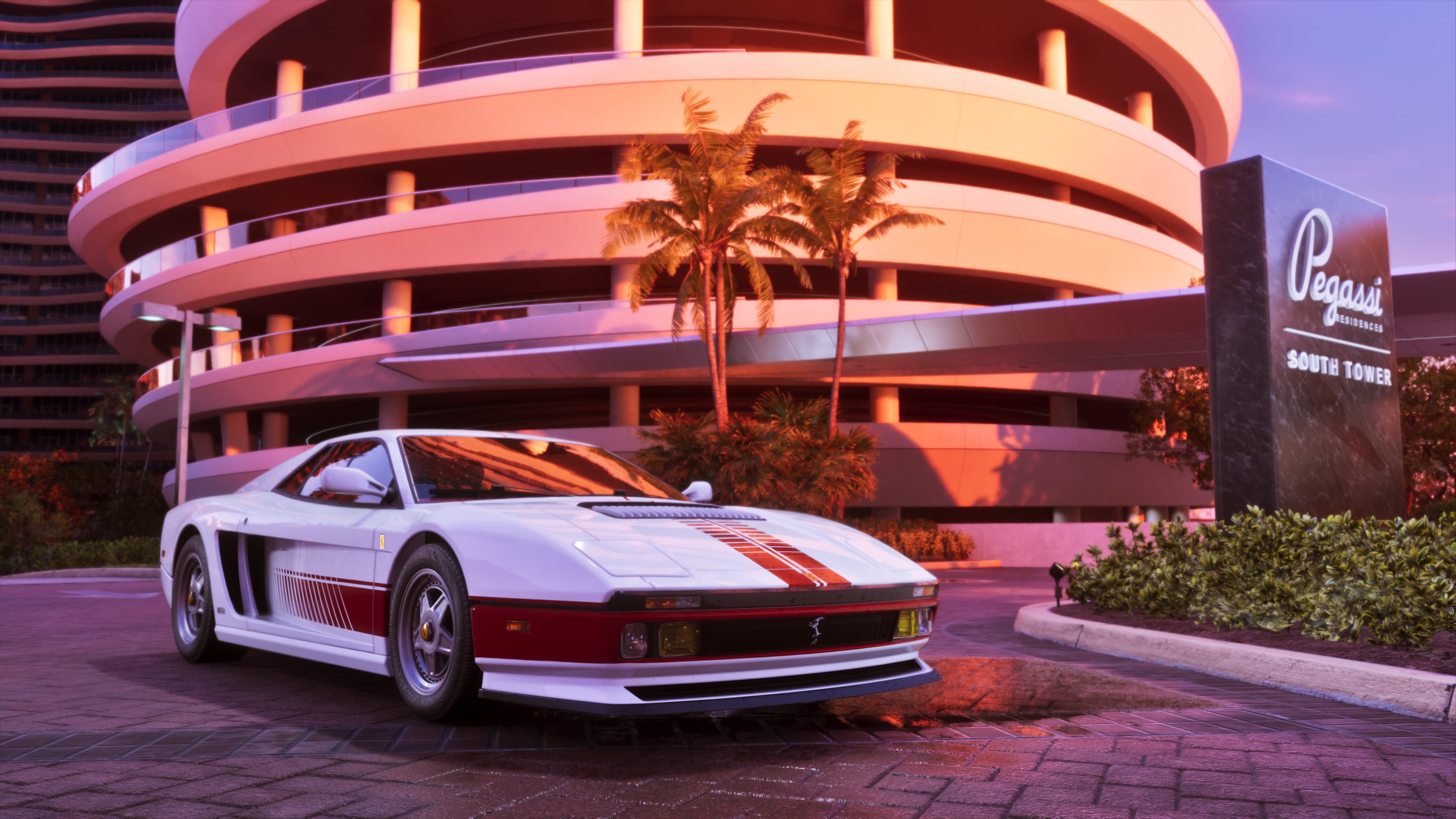 A white '95 Grotti Cheetah with red stripes parked outside Pegassi Residences South Tower in an official Rockstar image of an Ultimate Edition item.