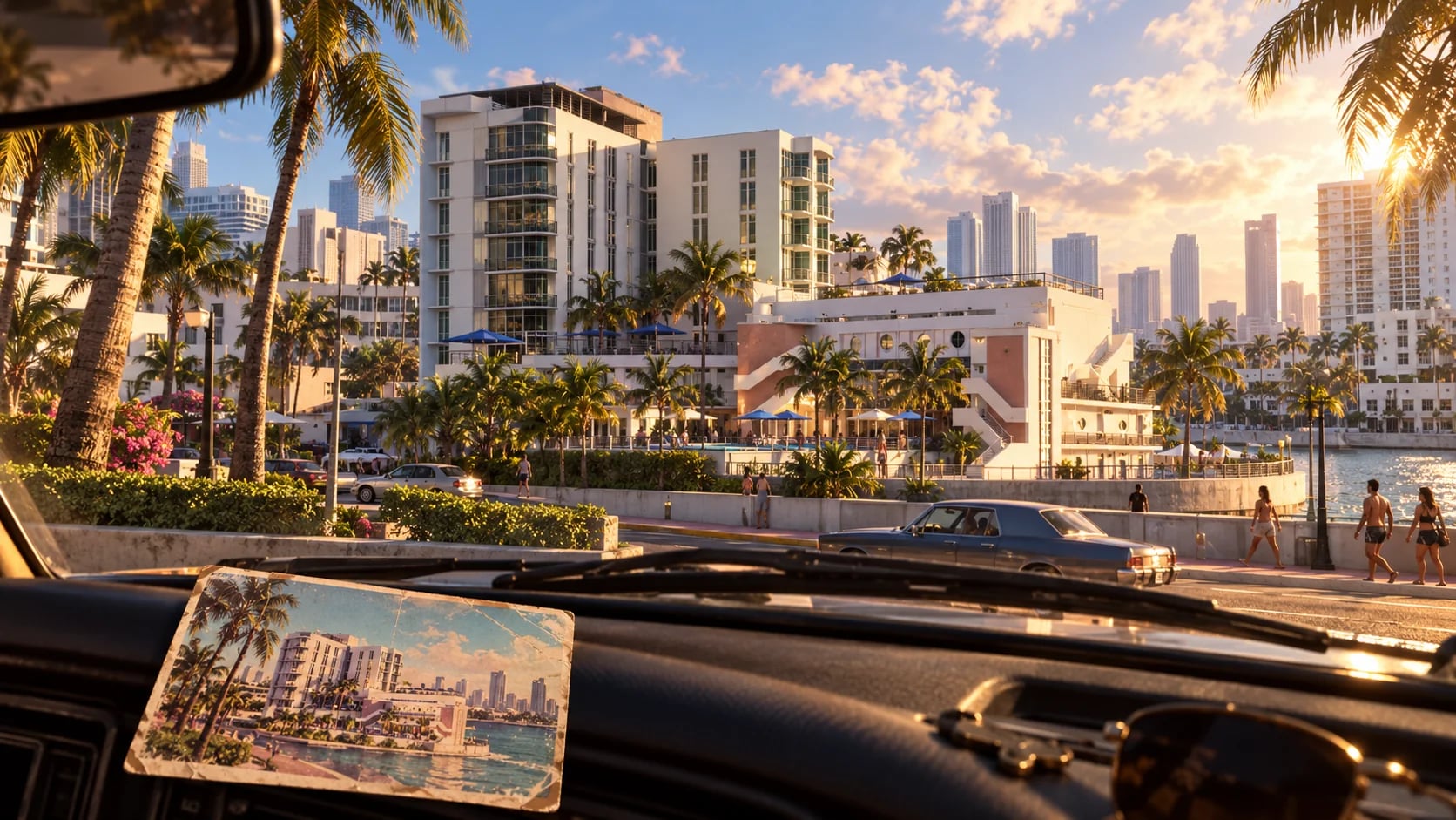 A vintage postcard on a car dashboard near a modern beachfront district. AI-generated editorial illustration inspired by GTA VI graphics; not an official game screenshot.