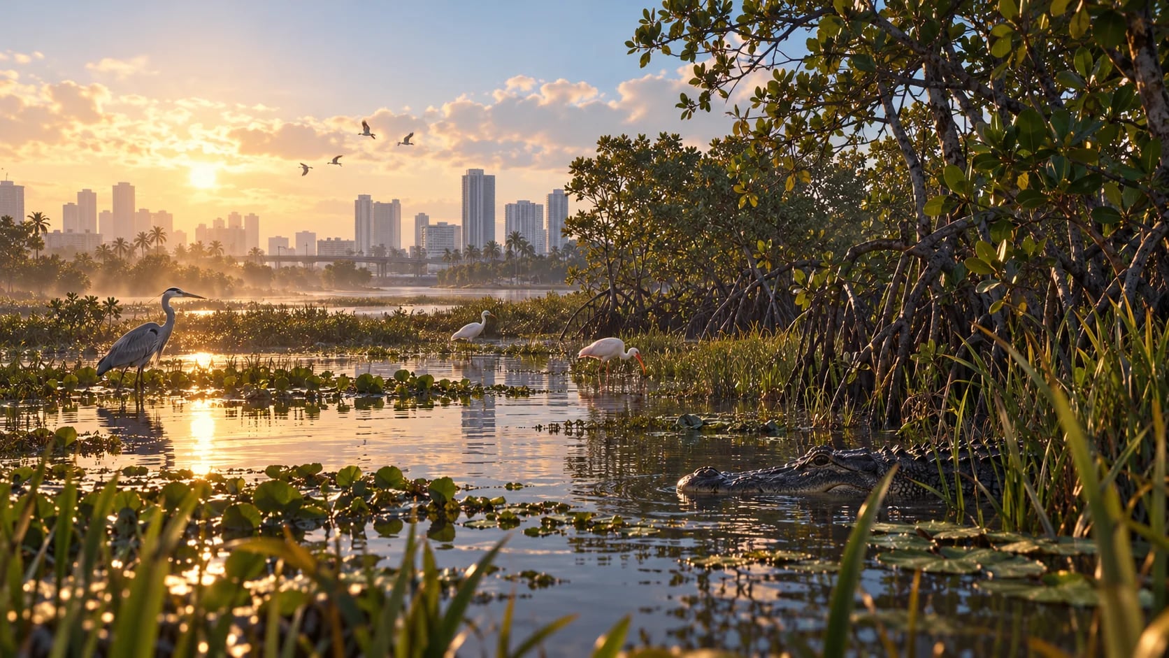 A heron standing in a Florida mangrove wetland. AI-generated editorial illustration inspired by GTA VI graphics; not an official game screenshot.