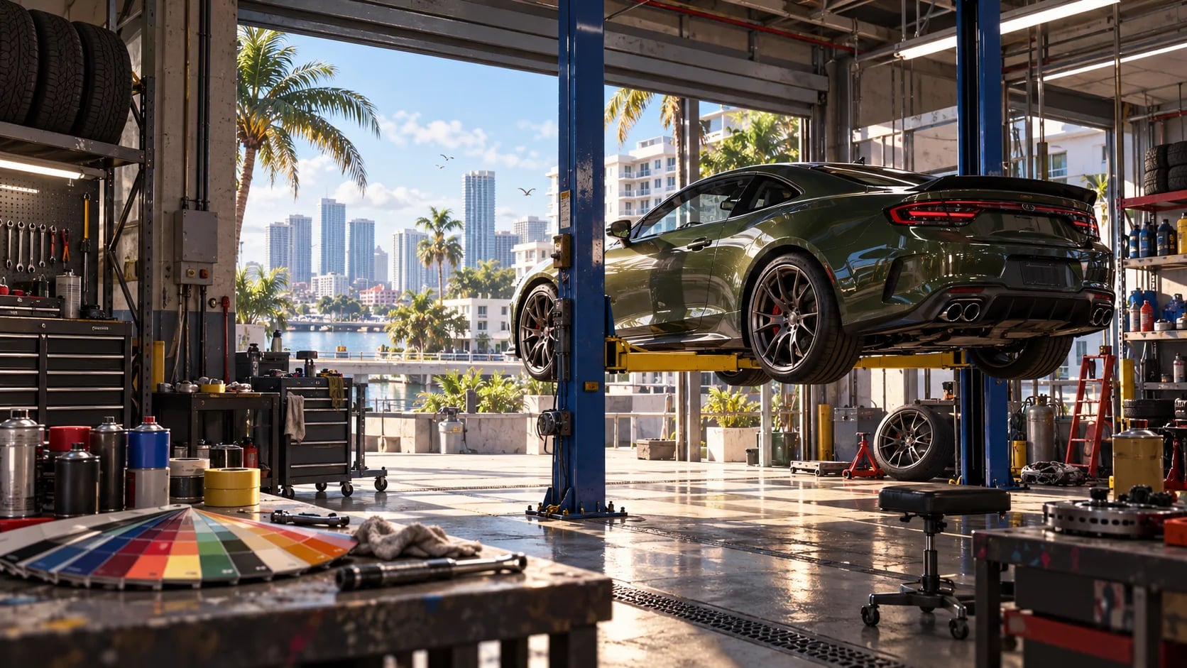 A customized car on a lift in a South Florida workshop. AI-generated editorial illustration inspired by GTA VI graphics; not an official game screenshot.