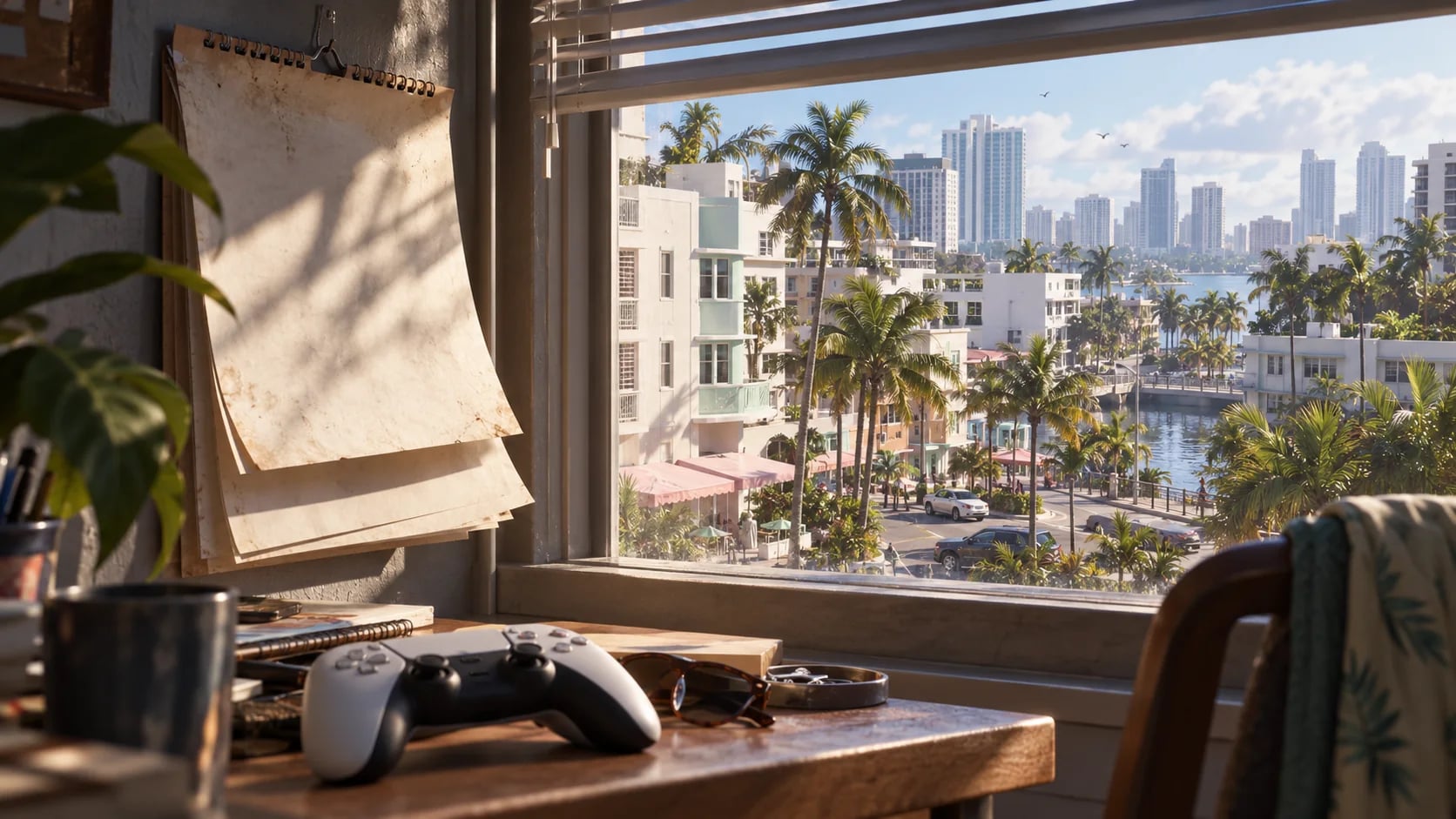 A calendar and controller in a room overlooking a palm-lined street. AI-generated editorial illustration inspired by GTA VI graphics; not an official game screenshot.