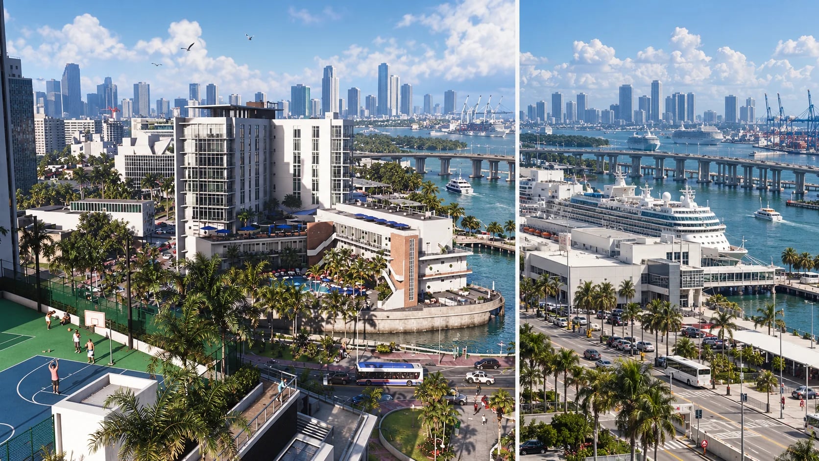 Two distinct views of a Florida-style cruise port and city. AI-generated editorial illustration inspired by GTA VI graphics; not an official game screenshot.