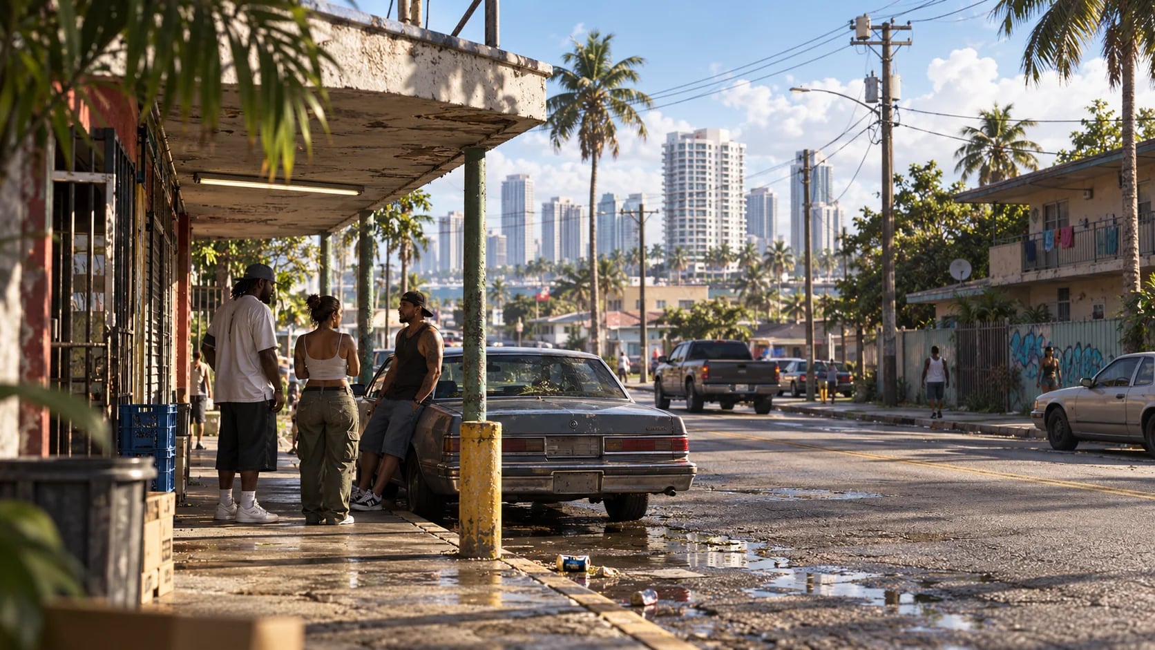 A small group talking by a roadside storefront in a South Florida neighborhood. AI-generated editorial illustration inspired by GTA VI graphics; not an official game screenshot.