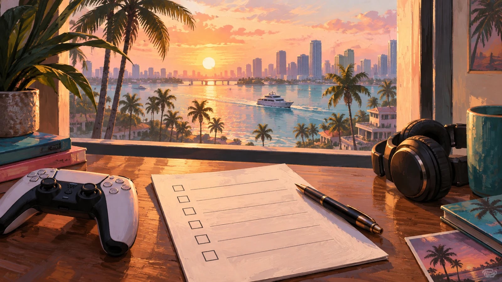 AI-generated editorial illustration: A checklist, pen, controller and headphones on a desk. Not an official game screenshot.