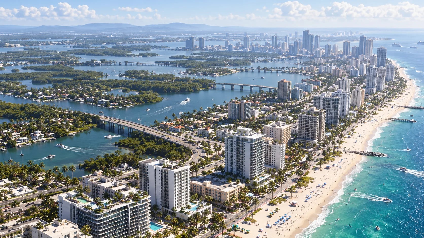 Aerial view of a fictional coastal city, beaches and waterways. AI-generated editorial illustration inspired by GTA VI graphics; not an official game screenshot.