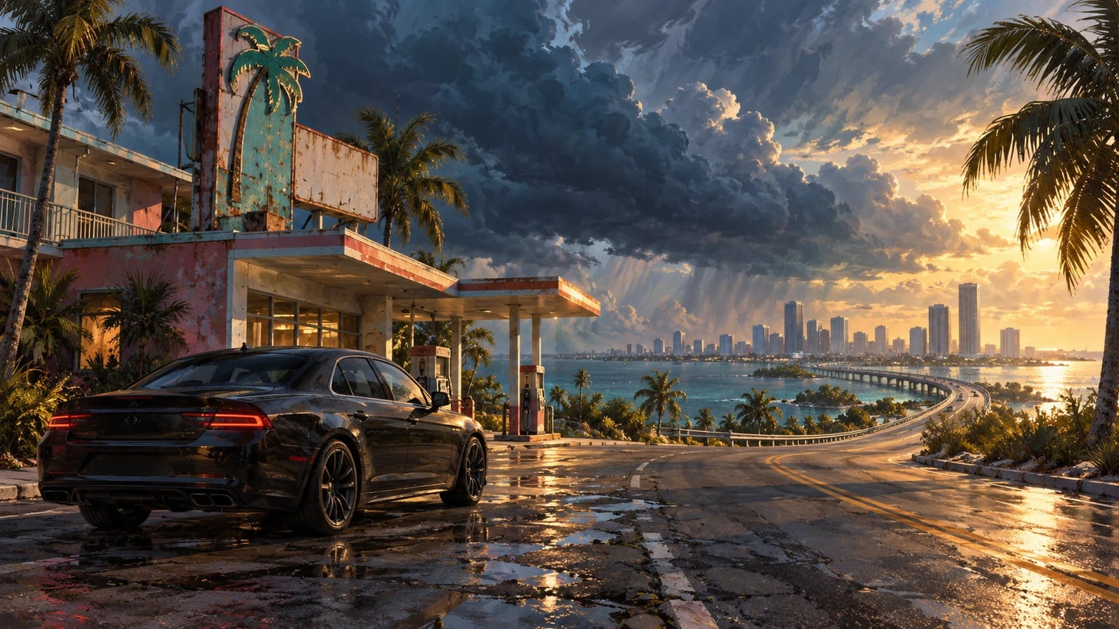 AI-generated editorial illustration: A parked sedan beside a Florida-inspired roadside motel. Not an official game screenshot.